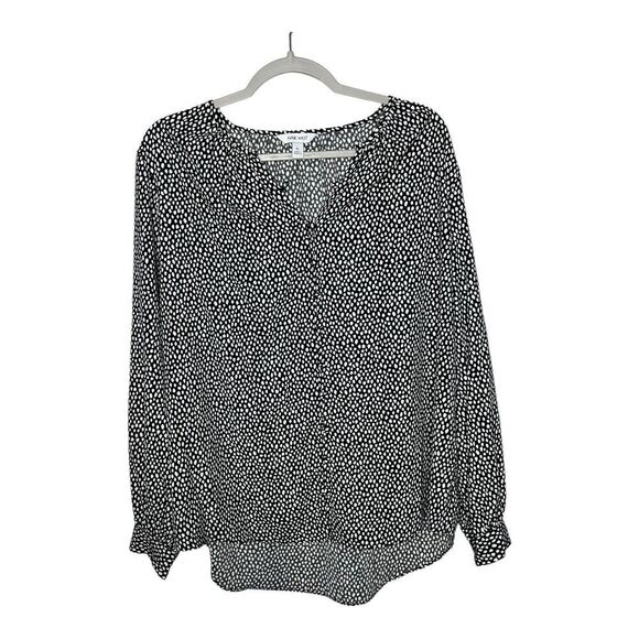 Nine West Womens Top Size XL Button Up Black White Polka Dot Satin Career Office - Picture 1 of 15